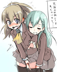 Rule 34 | 10s, 2girls, ^^^, aqua hair, blue eyes, blush, brown hair, groping, hair ornament, hand on another&#039;s thigh, hand on thigh, hands in thighhigh, kantai collection, kumano (kancolle), long hair, looking down, military, military uniform, multiple girls, open mouth, personification, ponytail, skirt, smile, surprised, suzuya (kancolle), sweatdrop, thighhighs, translation request, uniform, wakie, yuri