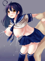 Rule 34 | 1boy, 1girl, ahoge, blue hair, blue skirt, blush, breasts, cropped legs, crying, grey background, highres, huge breasts, lactation, large breasts, long hair, looking at viewer, milk, nipples, open mouth, orange eyes, pulling another&#039;s clothes, school uniform, serafuku, simple background, skirt, solo focus, tears, yellow eyes