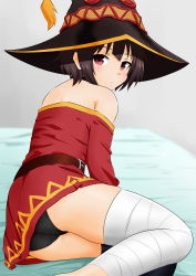 Rule 34 | 1girl, absurdres, ass, bandaged leg, bandages, bare shoulders, belt, black hair, black panties, black thighhighs, blush, brown belt, closed mouth, commentary request, dress, feet out of frame, female focus, fingerless gloves, from behind, gloves, hat, highres, kono subarashii sekai ni shukufuku wo!, long sleeves, looking at viewer, looking back, megumin, off shoulder, on bed, panties, pantyshot, red dress, red eyes, short hair, single thighhigh, sirokohi, sitting, solo, thighhighs, underwear, witch hat