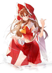 Rule 34 | 1girl, absurdres, bad id, bad pixiv id, blush, bow, brown hair, clothes lift, collarbone, cowboy shot, detached sleeves, floating hair, frilled bow, frilled hair tubes, frills, hair between eyes, hair bow, hair tubes, hakurei reimu, highres, lifted by self, long hair, long skirt, midriff, navel, open mouth, pleated skirt, print bow, red bow, red eyes, red ribbon, red shirt, red skirt, ribbon, ribbon-trimmed sleeves, ribbon trim, shirt, simple background, skirt, skirt lift, sleeveless, sleeveless shirt, solo, standing, stomach, touhou, very long hair, wading, white background, white sleeves, wide sleeves, yayako (804907150)