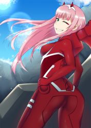 Rule 34 | 10s, 1girl, aqua eyes, ass, bodysuit, breasts, commentary, darling in the franxx, day, hairband, hand on own hip, highres, horns, looking at viewer, medium breasts, nealayiskah, one eye closed, pink hair, red bodysuit, red horns, sky, smile, solo, standing, sun, white hairband, zero two (darling in the franxx)