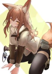 Rule 34 | 1girl, absurdres, animal ear fluff, animal ears, arknights, black pantyhose, black shorts, boots, brown footwear, brown hair, brown jacket, brown shirt, closed mouth, fox ears, fox girl, fox tail, franka (arknights), franka (rainforest me rainbow) (arknights), highres, jacket, charm (object), liskarm (arknights), long hair, official alternate costume, open clothes, open jacket, pantyhose, shirt, shorts, smile, solo, sora mame (princess 0sora), tail, yellow eyes