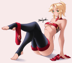 Rule 34 | 1girl, aqua eyes, arched back, arm support, artist name, barefoot, blonde hair, breasts, crossed legs, detached collar, fate/grand order, fate (series), full body, knees together feet apart, looking at viewer, medium breasts, mordred (fate), ponytail, red scrunchie, scrunchie, sidelocks, solo, thighhighs, underboob, white background, zealyush
