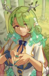 Rule 34 | 1girl, absurdres, antlers, breasts, brown eyes, ceres fauna, cleavage, day, flower, gradient hair, green hair, green nails, grin, hair flower, hair ornament, highres, hololive, hololive english, horns, large breasts, long hair, looking at viewer, mole, mole under eye, multicolored hair, nail polish, outdoors, own hands together, parted lips, sakaste, smile, solo, teeth, virtual youtuber
