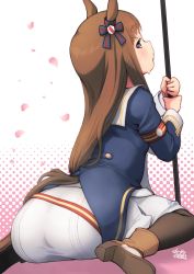 Rule 34 | 1girl, animal ears, artist name, ass, blush, brown hair, commentary request, deto, grass wonder (umamusume), hair ornament, highres, horse ears, horse girl, horse tail, looking at viewer, looking back, naginata, pantyhose, polearm, seiza, simple background, sitting, tail, umamusume, weapon