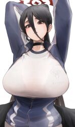 Rule 34 | 1girl, absurdres, arms up, black choker, black hair, black wings, blue archive, bra visible through clothes, breasts, choker, feathered wings, ginggi, gym shirt, hair between eyes, halo, hasumi (blue archive), hasumi (track) (blue archive), highres, huge breasts, jacket, long hair, looking at viewer, mole, mole under eye, partially unzipped, red eyes, shirt, simple background, solo, sweatdrop, track jacket, upper body, white background, white shirt, wings