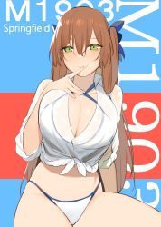 Rule 34 | 1girl, alternate hairstyle, arm support, beijuu, bikini, blush, breasts, brown hair, character name, cleavage, closed mouth, finger to mouth, girls&#039; frontline, green eyes, hair between eyes, hair ribbon, hair rings, large breasts, long hair, looking at viewer, o-ring, o-ring top, official alternate costume, ponytail, ribbon, see-through, shirt, sidelocks, sitting, skindentation, smile, solo, springfield (girls&#039; frontline), springfield (stirring mermaid) (girls&#039; frontline), stomach, swimsuit, thighs, tied shirt, white bikini, white shirt