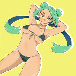 Rule 34 | 1girl, :q, armpits, arms behind head, bikini, breasts, dark skin, dark-skinned female, double bun, dutch angle, covered erect nipples, eyelashes, front-tie bikini top, front-tie top, green eyes, green hair, highres, kyriepoda, long hair, matching hair/eyes, navel, original, smile, solo, stomach, swimsuit, tongue, tongue out, underboob, yellow background