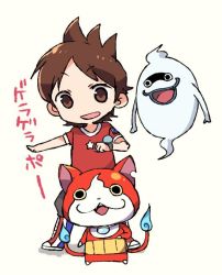 Rule 34 | 1boy, :3, :d, amano keita, boots, brown eyes, brown hair, cat, clenched hand, fiery tail, flame-tipped tail, ghost, haramaki, jibanyan, looking at viewer, multiple tails, notched ear, open mouth, outstretched arm, print shirt, red shirt, shirt, short sleeves, simple background, smile, standing, star (symbol), star print, tail, taneda yuuta, two tails, watch, whisper (youkai watch), traditional youkai, youkai watch, youkai watch (object)