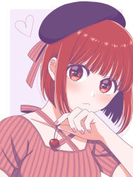 Rule 34 | 1girl, arima kana, beret, blue hat, blush, bob cut, border, bow, cherry, closed mouth, collarbone, commentary, food, fruit, hat, hat bow, head tilt, heart, highres, holding, inverted bob, looking at viewer, medium hair, oshi no ko, pink background, red eyes, red hair, red ribbon, red shirt, ribbon, shirt, short sleeves, sidelocks, simple background, solo, striped clothes, striped ribbon, striped shirt, tonton (6kbgievnt89kt1f), upper body, white border