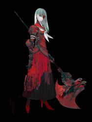Rule 34 | 1girl, arm belt, armor, axe, black background, blood, bloody weapon, closed mouth, colored eyepatch, dress, earrings, engine, exhaust, eyelashes, eyepatch, gauntlets, high heels, highres, holding, holding axe, holding weapon, jewelry, long eyelashes, long hair, looking at viewer, mon (monmon2133), orange eyes, original, pauldrons, pink lips, red armor, red dress, red serafuku, red theme, school uniform, serafuku, shoulder armor, simple background, solo, spikes, standing, uniform, weapon, white hair