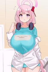 Rule 34 | 1girl, blue archive, braid, breasts, cowboy shot, eimi (blue archive), halo, headphones, headphones around neck, highres, large breasts, long hair, long sleeves, looking at viewer, open clothes, open shirt, pink eyes, pink hair, shirt, single braid, solo, swept bangs, t-shirt, unbuttoned, unbuttoned shirt, yuuichi (reductionblack)