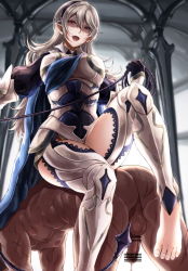 Rule 34 | 1boy, 1girl, all fours, armor, ass, barefoot, bdsm, censored, clothed female nude male, corrin (female) (fire emblem), corrin (fire emblem), cum, cumdrip, dark skin, fangs, feet, femdom, fire emblem, fire emblem fates, from below, headband, highres, hikari (komitiookami), long hair, looking at viewer, muscular, nintendo, nipples, nude, open mouth, penis, pointy ears, red eyes, silver hair, sitting, sitting on person, smile, teeth, testicles, thighs, tongue, whip, whip marks