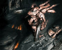 Rule 34 | armored core, broken, car, fire, from software, gun, mecha, military, military vehicle, motor vehicle, mozuo, road, robot, ruins, tank, vehicle, weapon