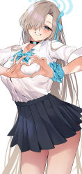 Rule 34 | 1girl, absurdres, asuna (blue archive), bad id, bad twitter id, blue archive, blue bow, blue eyes, blue ribbon, blush, bow, bowtie, breasts, choker, collared shirt, grey skirt, grin, hair over one eye, hair ribbon, halo, heart, heart hands, highres, large breasts, light brown hair, long hair, looking at viewer, marushin (denwa0214), pleated skirt, ribbon, shirt, short sleeves, skirt, smile, solo, thighs, white shirt