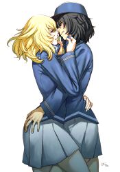 Rule 34 | 2girls, arm around waist, bad id, bad twitter id, black hair, blonde hair, character request, collar grab, copyright request, hand on own ass, hat, long hair, multiple girls, oono tsutomu, short hair, skirt, white background