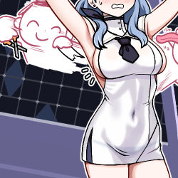 Rule 34 | 1boy, 1girl, ako (blue archive), armpits, doodle sensei (blue archive), black necktie, blue archive, blue hair, blush, breasts, covered navel, dress, earrings, halo, hat, jazz jack, jewelry, large breasts, licking, lowres, necktie, official alternate costume, scissors, see-through, see-through dress, sensei (blue archive), sideboob, stud earrings, tearing up, wavy mouth