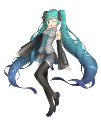Rule 34 | 1girl, black thighhighs, blouse, boots, full body, green eyes, green hair, hatsune miku, highres, long hair, shirt, simple background, sleeveless, sleeveless shirt, solo, standing, thigh boots, thighhighs, troy7737, twintails, very long hair, vocaloid, white background