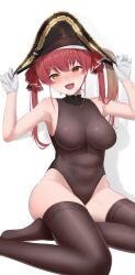 Rule 34 | 1girl, armpits, arrow through heart, bare arms, bare shoulders, bicorne, black hat, black leotard, black thighhighs, blush, breasts, brown leotard, brown thighhighs, collar, collarbone, covered navel, frilled collar, frills, gloves, hands on headwear, hands up, hat, heterochromia, highleg, highleg leotard, highres, hololive, houshou marine, houshou marine (1st costume), impossible clothes, impossible leotard, large breasts, leotard, long hair, looking at viewer, no shoes, open mouth, pirate hat, red eyes, red hair, red ribbon, ribbon, see-through, see-through leotard, seiza, sharp teeth, simple background, sitting, smile, solo, sweat, sweatdrop, teeth, thighhighs, tojo aoi, twintails, upper teeth only, virtual youtuber, white background, white gloves, yellow eyes, yokozuwari