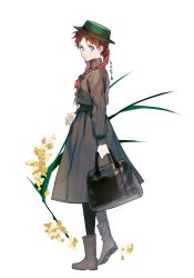Rule 34 | 1girl, anne of green gables, anne shirley, bag, blue eyes, boots, braid, brown dress, brown footwear, carrying bag, dress, flower, full body, green hat, hat, long sleeves, red hair, solo, sukja, twin braids, white background