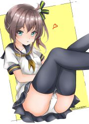 Rule 34 | 1girl, :p, absurdres, ahoge, ass, black sailor collar, black skirt, black thighhighs, blue eyes, blush, brown hair, brown neckerchief, closed mouth, commentary request, dakkusu, feet out of frame, hair between eyes, heart, highres, hololive, leg up, looking at viewer, natsuiro matsuri, neckerchief, panties, pleated skirt, puffy short sleeves, puffy sleeves, sailor collar, school uniform, serafuku, shirt, short sleeves, side ponytail, skirt, smile, solo, thighhighs, tongue, tongue out, two-tone background, underwear, virtual youtuber, white background, white panties, white shirt, yellow background