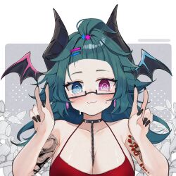 1girl :3 @_@ absurdres arm_tattoo aruna_reaver between_breasts bikini black_horns black_nails blue_eyes breasts chain close-up collar collarbone demon_girl demon_horns double_v earrings hair_ornament hairclip head_wings heterochromia highres horns indie_virtual_youtuber jewelry pink_eyes red_bikini second-party_source snake_tattoo solo spiked_collar spikes star_(symbol) star_hair_ornament sweat swimsuit tattoo v virtual_youtuber wings yanti