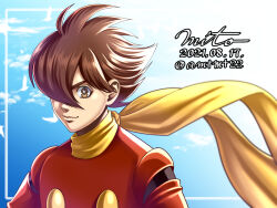 Rule 34 | 1boy, brown eyes, brown hair, colored sclera, commentary, cyborg 009, dated, hair over one eye, male focus, mito amatsu, portrait, shimamura joe, signature, smile, solo, twitter username, yellow sclera