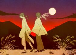 2boys axis_powers_hetalia back baggy_pants changpao china_(hetalia) chinese_clothes closed_eyes closed_mouth cloud commentary_request daku-samo evening full_body full_moon gradient_sky haori holding holding_hands japan_(hetalia) japanese_clothes kimono long_hair long_sleeves moon mountain multiple_boys outdoors pants ponytail purple_sky red_sky shirt shoes short_hair sky slippers smile socks standing weeds wide_sleeves