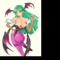 Rule 34 | boots, breasts, capcom, darkstalkers, full body, game console, green eyes, green hair, gunbird, gunbird 2, head wings, leotard, long hair, morrigan aensland, non-web source, psikyo, sega dreamcast, solo, wings