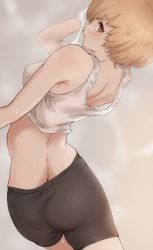 Rule 34 | 1girl, ass, bare shoulders, bike shorts, blonde hair, blush, breasts, from above, from behind, highres, kurosususu, looking at viewer, looking back, looking up, pantylines, persona, persona 4, satonaka chie, shiny clothes, shiny skin, shirt, short hair, sideboob, smile, solo, sweat, towel
