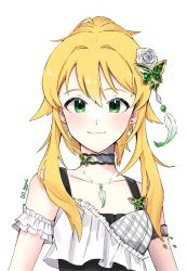 Rule 34 | 1girl, :3, absurdres, arm strap, blonde hair, butterfly hair ornament, choker, chung gyul, closed mouth, collarbone, earrings, flower, green eyes, hair flower, hair ornament, highres, hoshii miki, idolmaster, idolmaster (classic), jewelry, long hair, necklace, rose, short hair with long locks, sidelocks, simple background, smile, solo, upper body, white background, white flower, white rose