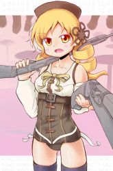 Rule 34 | 10s, 1girl, adapted costume, bare shoulders, beret, black panties, blonde hair, corset, detached sleeves, drill hair, dual wielding, gun, hat, highres, holding, m spark, magical girl, mahou shoujo madoka magica, mahou shoujo madoka magica (anime), no gloves, no pants, open mouth, orange eyes, panties, rifle, solo, thighhighs, tomoe mami, twintails, underwear, weapon