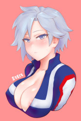 Rule 34 | 10s, 1girl, areola slip, bad id, bad pixiv id, blue eyes, blush, boku no hero academia, breasts, cleavage, colored eyelashes, covered erect nipples, episode number, frown, gym uniform, large breasts, mismatched eyelashes, parted bangs, pink background, shiny skin, short hair, shpo, silver hair, simple background, solo, sweatdrop, upper body, yanagi reiko