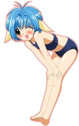 Rule 34 | 00s, 1girl, animal ears, barefoot, bent over, blue hair, blush, feet, female focus, galaxy angel, green eyes, highres, mint blancmanche, one eye closed, open mouth, outline, short hair, simple background, smile, soles, solo, swimsuit, toes, white background, wink, yellow eyes