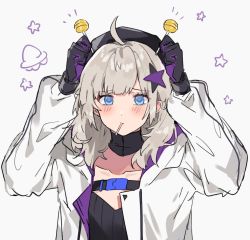 Rule 34 | 1girl, aa-12 (girls&#039; frontline), ahoge, aogisa, bad id, bad pixiv id, belt, beret, black gloves, black shirt, blue eyes, blush, buckle, candy, closed mouth, collarbone, food, girls&#039; frontline, gloves, hair ornament, hat, highres, holding, holding candy, holding food, holding lollipop, jacket, lollipop, long hair, looking at viewer, open clothes, open jacket, platinum blonde hair, shirt, simple background, snap-fit buckle, solo, star (symbol), star hair ornament, white jacket