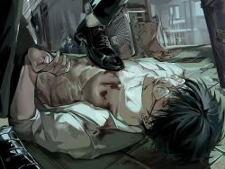 Rule 34 | 2boys, abs, black eyes, black footwear, black hair, black pants, blood, blood on chest, blood on face, character request, collared shirt, copyright request, ear piercing, foot on another&#039;s chest, glasses, hand up, highres, koos (sook), light blush, light smile, looking at another, lying, male focus, multiple boys, nipples, nosebleed, on back, on floor, open clothes, open shirt, pants, parted lips, pectorals, piercing, shirt, short hair, solo focus, tile floor, tiles, upper body