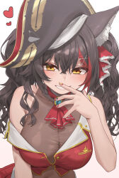 Rule 34 | 1girl, animal ear fluff, animal ears, arrow through heart, ascot, bare shoulders, bicorne, black hair, blush, breasts, brown leotard, cleavage, cosplay, covered navel, cropped jacket, curly hair, hair between eyes, hair ornament, hat, heart, highres, hololive, houshou marine, houshou marine (1st costume), houshou marine (cosplay), jacket, large breasts, leotard, leotard under clothes, long hair, looking at viewer, miniskirt, multicolored hair, nail polish, ookami mio, pirate, pirate costume, pirate hat, pleated skirt, red ascot, red hair, red jacket, red skirt, rimori22, see-through, see-through cleavage, see-through leotard, simple background, skirt, sleeveless, sleeveless jacket, smile, solo, streaked hair, upper body, virtual youtuber, white background, wolf ears, wolf girl, yellow eyes