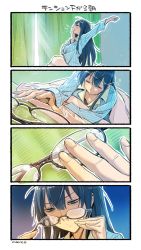 Rule 34 | 10s, 1girl, 4koma, annoyed, arm up, artist name, black hair, blanket, blue eyes, clenched hand, closed eyes, collarbone, comic, covering own mouth, curtains, downblouse, glaring, glasses, hairband, hand over own mouth, highres, holding, holding removed eyewear, indoors, kantai collection, light rays, long hair, long sleeves, messy hair, narrowed eyes, nonco, ooyodo (kancolle), open mouth, pajamas, reaching, semi-rimless eyewear, silent comic, sitting, sleepy, solo, stretching, striped, sunbeam, sunlight, translated, truth, under-rim eyewear, under covers, unworn eyewear, vertical stripes, waking up, window, yawning