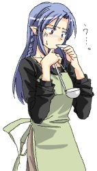 Rule 34 | 00s, 1girl, ?, apron, blue hair, braid, cowboy shot, fate/stay night, fate (series), fujitsuki, ladle, long hair, medea (fate), nervous, plate, pointy ears, saucer, simple background, solo, sweat, tasting, tasting plate, white background