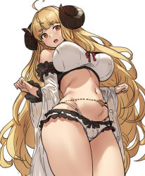 Rule 34 | 1girl, ahoge, anila (granblue fantasy), anila (summer) (granblue fantasy), bare shoulders, belly chain, bikini, blonde hair, breasts, breasts apart, draph, granblue fantasy, highres, horns, houtengeki, jewelry, large breasts, long hair, looking at viewer, navel, open mouth, sheep horns, short eyebrows, simple background, stomach, swimsuit, thighs, very long hair, white background, wide sleeves, yellow eyes