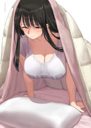 Rule 34 | ..., 1girl, arm support, black hair, blue eyes, blush, breasts, cleavage, closed mouth, clothes writing, commentary request, kaisen chuui, large breasts, long hair, original, pillow, shirt, short sleeves, simple background, solo, under covers, wavy mouth, white background, white shirt