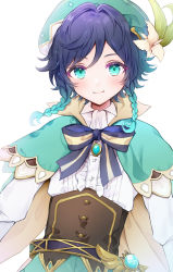 Rule 34 | 1boy, androgynous, beret, black hair, blue hair, blush, bow, braid, brooch, closed mouth, collared cape, collared shirt, commentary request, corset, flower, frilled sleeves, frills, gem, genshin impact, gradient hair, green eyes, green hat, hat, hat flower, highres, jewelry, leaf, long sleeves, looking at viewer, male focus, megupi, multicolored hair, shirt, short hair with long locks, side braids, sidelocks, simple background, smile, solo, twin braids, venti (genshin impact), vision (genshin impact), white background, white flower, white shirt