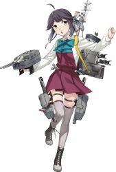 Rule 34 | 1girl, ahoge, black hair, blouse, boots, bow, bowtie, cross-laced footwear, fujikawa, full body, grey thighhighs, hair ribbon, hayanami (kancolle), kantai collection, lace-up boots, leg ribbon, long sleeves, machinery, official art, panties, ponytail, ribbon, school uniform, shirt, short hair, side-tie panties, smokestack, solo, standing, standing on one leg, striped clothes, striped panties, thigh ribbon, thigh strap, thighhighs, transparent background, underwear, white shirt, yellow eyes