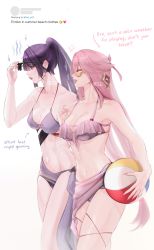 Rule 34 | 2girls, :d, ^ ^, absurdres, ball, bare arms, bare shoulders, beachball, bikini, breasts, closed eyes, commentary, cowboy shot, genshin impact, highres, holding, holding ball, large breasts, lart art1, long hair, multiple girls, navel, open mouth, pink lips, ponytail, purple bikini, purple eyes, purple hair, purple lips, raiden shogun, sarong, smile, standing, stomach, swimsuit, thighs, very long hair, yae miko