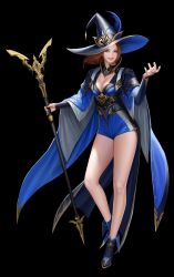 Rule 34 | 1girl, absurdres, bare legs, black background, blue eyes, blue footwear, boots, breasts, bridal gauntlets, brown hair, commentary, full body, hat, highres, holding, holding staff, long hair, looking at viewer, medium breasts, original, parted lips, simple background, smile, solo, staff, taekwon kim, witch, witch hat