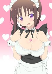 Rule 34 | 10s, 1girl, blush, breasts, brown hair, cleavage, gobanme no mayoi neko, hagino chiaki, highres, hinako note, large breasts, looking at viewer, maid, maid headdress, no bra, open mouth, purple eyes, short hair, smile, solo