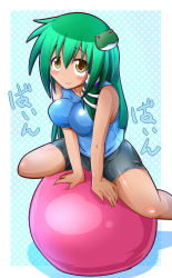 Rule 34 | 1girl, ball, bike shorts, breasts, covered erect nipples, exercise ball, female focus, frog hair ornament, green hair, hair ornament, honehone, impossible clothes, impossible shirt, kochiya sanae, large breasts, long hair, shirt, solo, touhou, yellow eyes