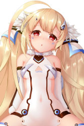 Rule 34 | 1girl, absurdres, ahoge, azur lane, bad id, bad pixiv id, blonde hair, blush, breasts, character name, chestnut mouth, commentary request, covered navel, detached sleeves, dress, eldridge (azur lane), facial mark, fur trim, hair ornament, hairclip, head tilt, highres, long hair, long sleeves, parted lips, ponta (velmar), puffy long sleeves, puffy sleeves, red eyes, sidelocks, sitting, sleeveless, sleeveless dress, small breasts, solo, spread legs, twintails, very long hair, white dress, white sleeves