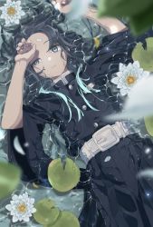 Rule 34 | 1boy, belt, blurry, crying, dutch angle, flower, from above, grey eyes, grey hair, hand on own head, highres, kimetsu no yaiba, lily pad, long hair, looking at viewer, lying, male focus, on back, solo, tokitou muichirou, uniform, user wgjp8282, wading, water lily flower, wide sleeves