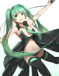 Rule 34 | 1girl, :d, bad id, bad pixiv id, bare arms, black panties, black thighhighs, cable, collar, flat chest, green eyes, green hair, green necktie, hatsune miku, highres, long hair, looking at viewer, microphone, midriff, navel, necktie, open mouth, panties, simple background, smile, solo, ss0l (skghek), stomach, thighhighs, twintails, underwear, very long hair, vocaloid, white background